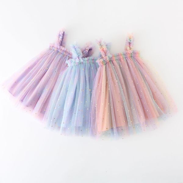 

clothing sets girl's dresses ins summer girl colorful mesh kids sleeveless suspender elegant, White