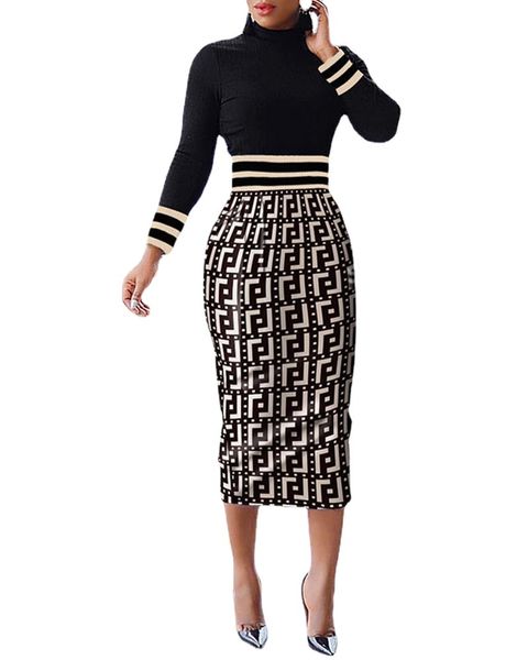 

fashion women casual dresses printed elegant bodycon long sleeve pencil business suiting office midi dress, Black;gray