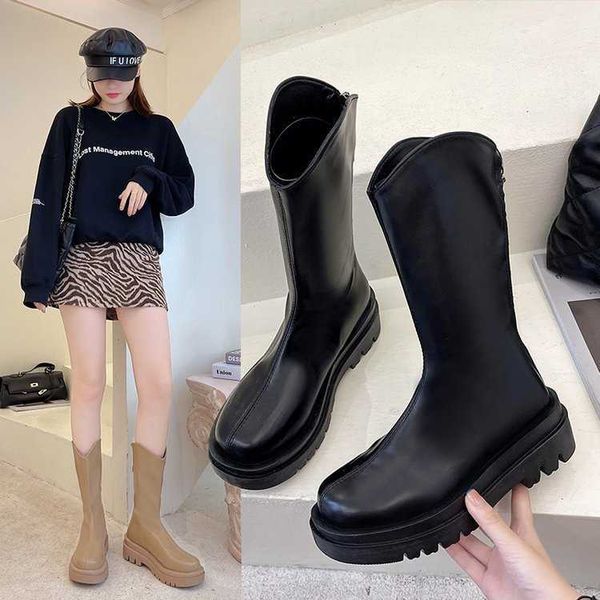 

martin women boots leather shoes women's new british style thick bottomed short in autumn and winter back zipper flat middle tube thin, Black