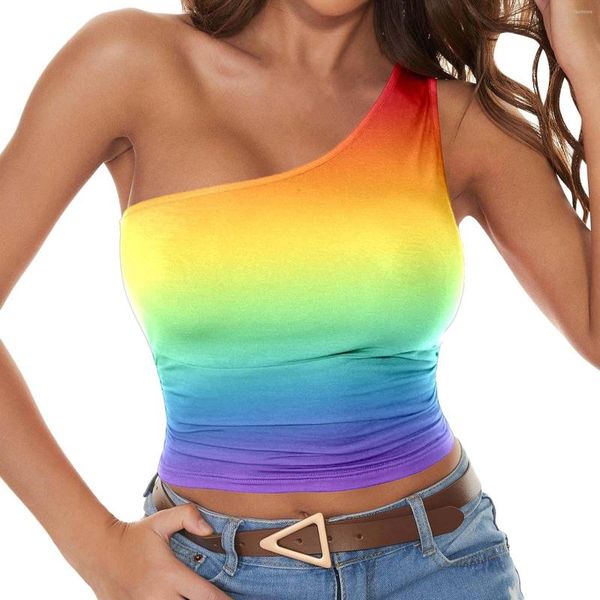 

women's tanks women sports tank rainbow gradient crop vest casual female one shoulder summer outfits wrap fitness elastic, White