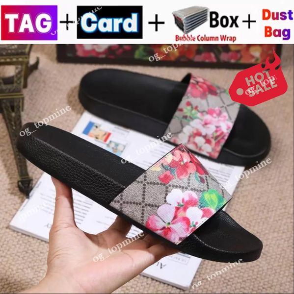 

designer beach slippers men women sandals with correct flower box dust bag shoes tiger snake print slide summer wide flat slipper, Black