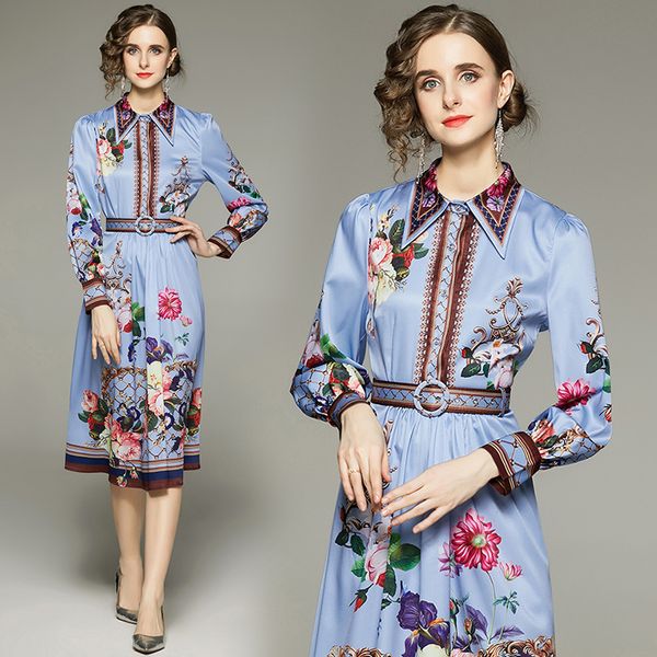 

elegant sky blue floral belted midi dress long sleeve 2022 runway women fashion print casual office button shirt collar dresses a-line ladie, Black;gray