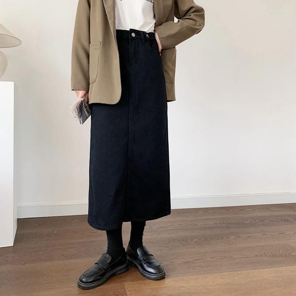 

skirts 2022 spring summer long black skirt women high waist streetwear a line slit denim pockets buttons jupe longue femme
