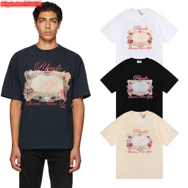 

5puq men's t shirt 2023 new fashion brand rhude little storms never last hd rose mirror short sleeve, White;black