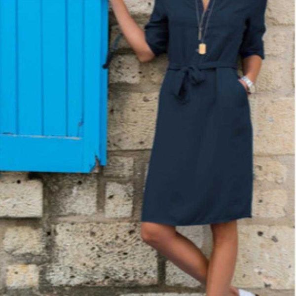 

fashion polo casual dresses collar solid color three-quarter length sleeve, Black;gray
