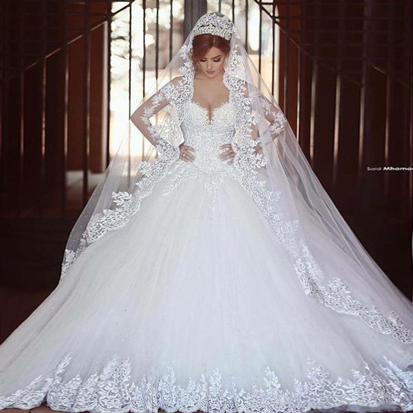 

saidmhamad long sleeves lace applique crystals ball gown wedding dresses chapel train amazing new bridal gowns, White
