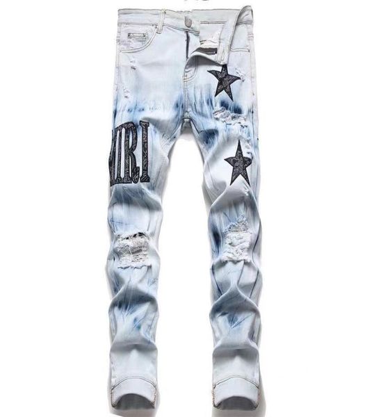 

broken men jeanshiphop high street fashion brand cycling motorcycle embroidery closefitting slim pencil pants3074981, Blue