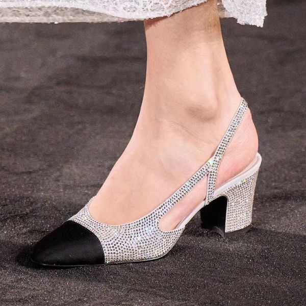 

designer dress shoes fashion designers sandals rhinestone with colored slingbacks chunky heel squ are toes sandal 6.5cm high heeled slippers, Black