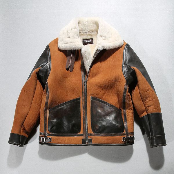 

red brown b3 genuine sheepskin leather bomber jackets double face fur men's large lapel thickened american coat, Black
