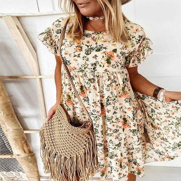 

spring and summer dress round neck flower print short sleeve loose, Black;gray