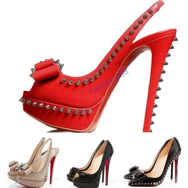 

christians red bottomed original logo fashion rivets fish mouth luxury designer spikes pointed high heel women dress shoes si axj, Black