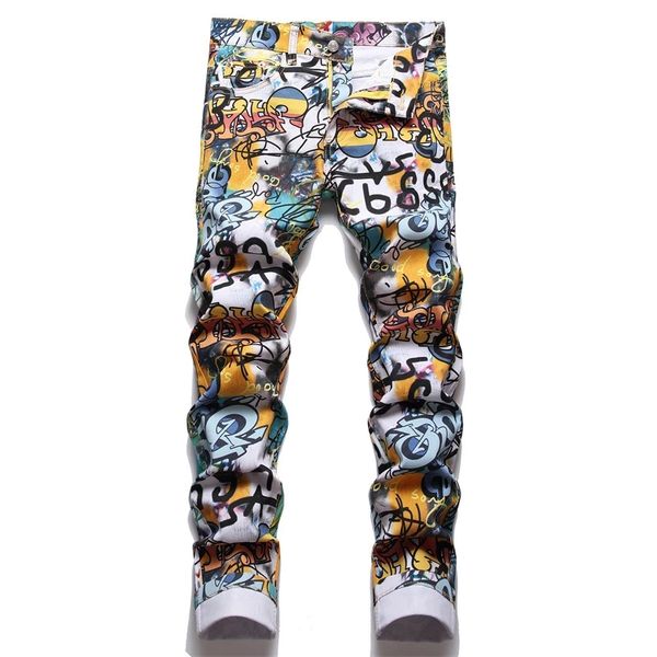 

men's jeans personality graffiti print denim trousers 2023 casual party nightclub european and american style men pants, Blue