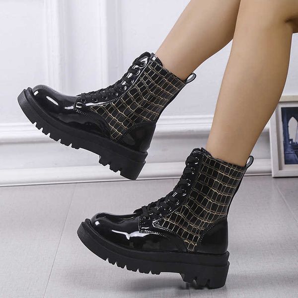 

boots leather shoes winter large autumn new style lace up round toe thick bottom short boots british style grid fashion martin boots women 2, Black