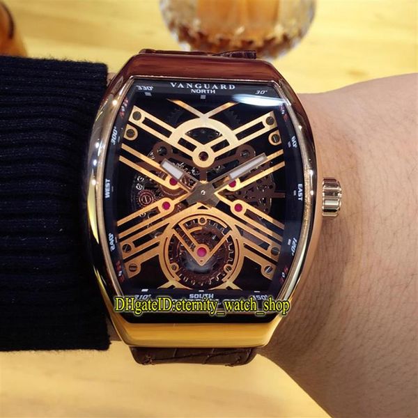 

vanguard new saratoge v 45 t sqt rose gold skeleton dial automatic mechanical mens watch rose gold case leather strap277s, Slivery;brown