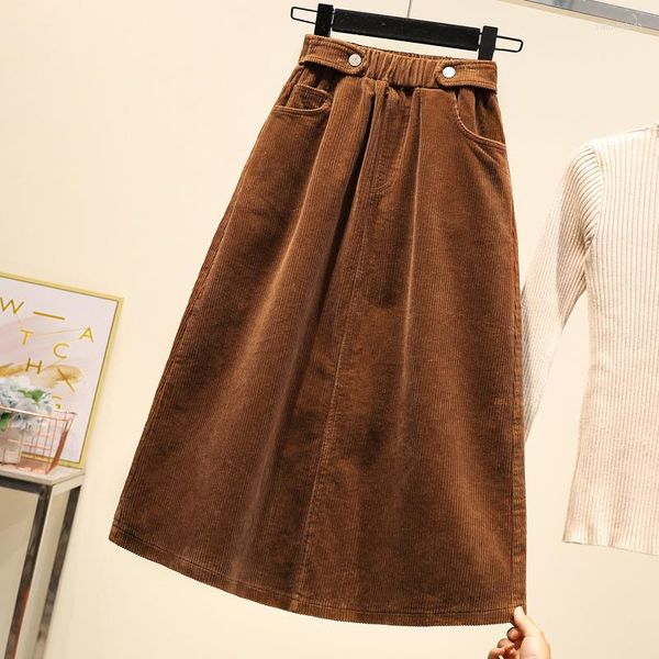 

skirts plus size vintage harajuku women corduroy skirt autumn winter loose a-line female long high waist lady faldas xl-5xl, Black
