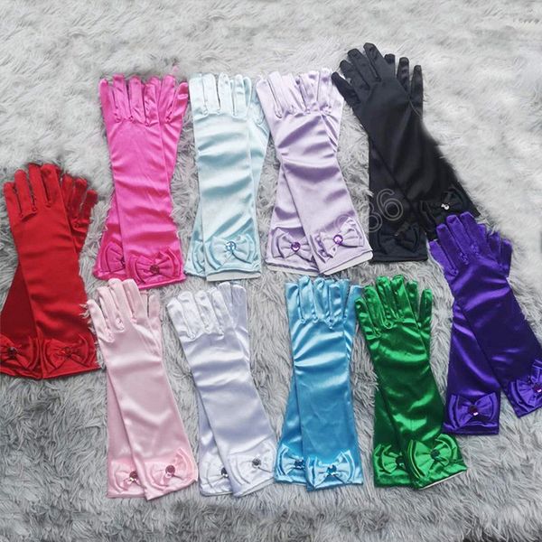 

long princess dance stage gloves bow satin kids girl wedding dress costume accessories children dress-up full finger mittens, Blue;gray