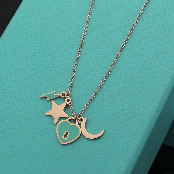 

designer green star and moon necklace couple stainless steel chain gift for girlfriend luxury jewelry accessories wholesale with box, Silver