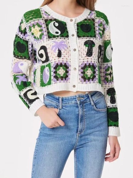 

women's knits 2022 totem plaid hand made crochet cardigan woman o neck full sleeve crop sweater center buttons knitwear jumper holiday, White