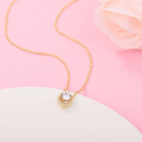 

shine gold plated sparkling round halo pendant collier necklace fits european pandora style jewelry necklace, Silver