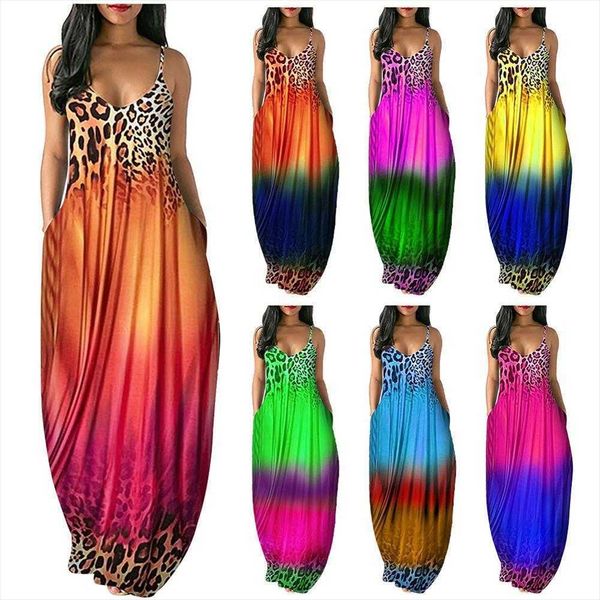 

casual printed dress gradient color suspender loose skirt, Black;gray