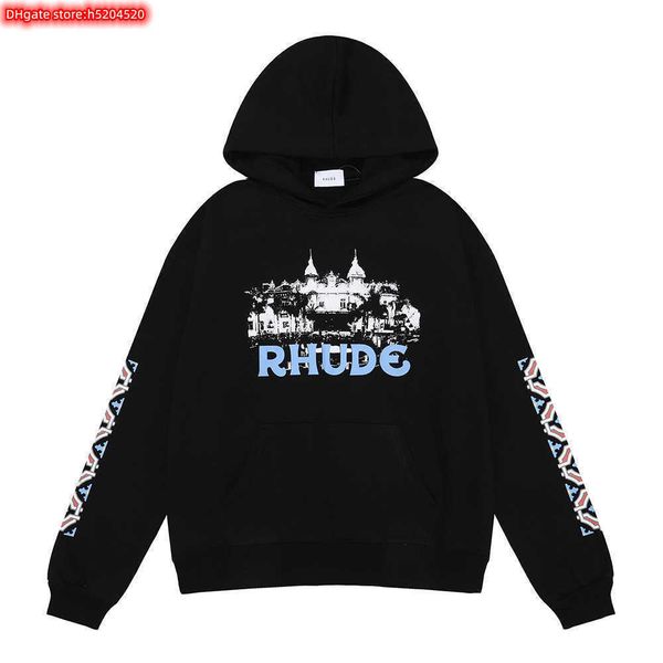 

cit1 men's hoodie crewneck sweatshirt 2023 new fashion brand rhude casino hd castle print trendy high street loose casual couple, Black
