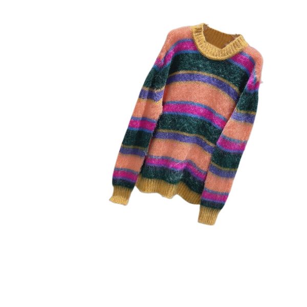 

early autumn new color stripe contrast pullover mohair sweate, White;black
