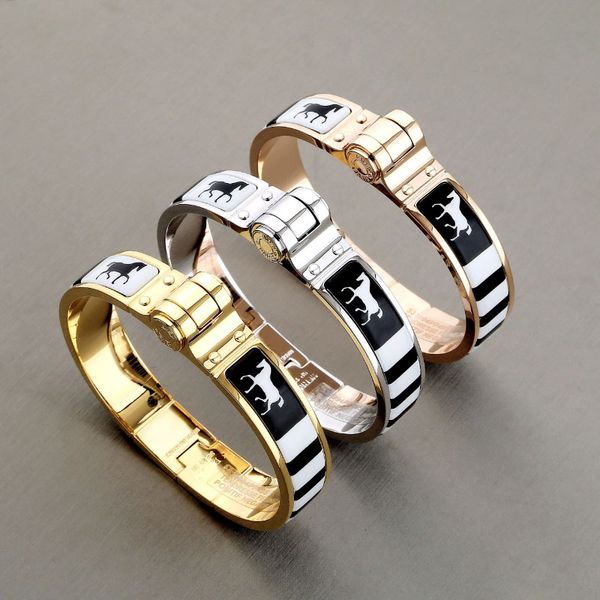 

enamel clic bangle for women charm bracelets 12mm small size snap-fastener black horse enamel, Golden;silver
