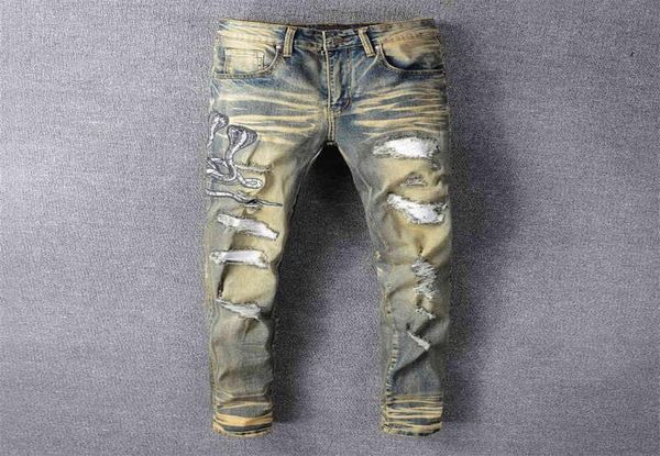 

men039s jeans delivery snake embroidered retro denim slim ny hol pu leather patchwork stretch3315770, Blue