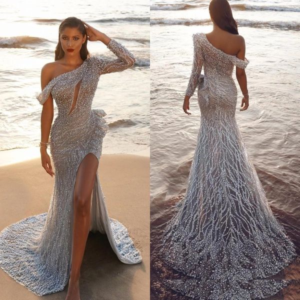 

luxury lace mermaid prom dresses one shoulder beading party dresses side split long sleeves crystals custom made evening dress, Black;red