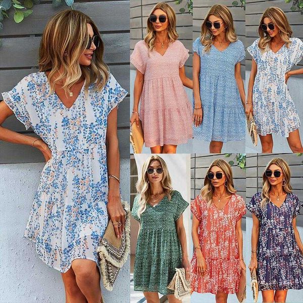 

r d design printing dress summer elegant a- line skirt loose chiffon, Black;gray
