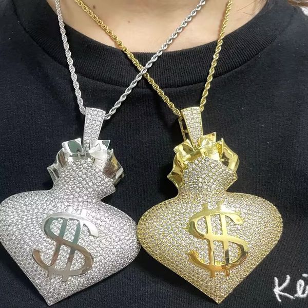 

mens women new fashion necklace gold plated full shiny cz heart pendant necklace with 3mm 24inch rope chain nice gift, Silver