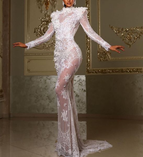 

new mermaid evening dresses high neck long sleeves 3d lace pearls hollow ruffles sequins appliques beaded backless celebrity prom dress plus, Black;red