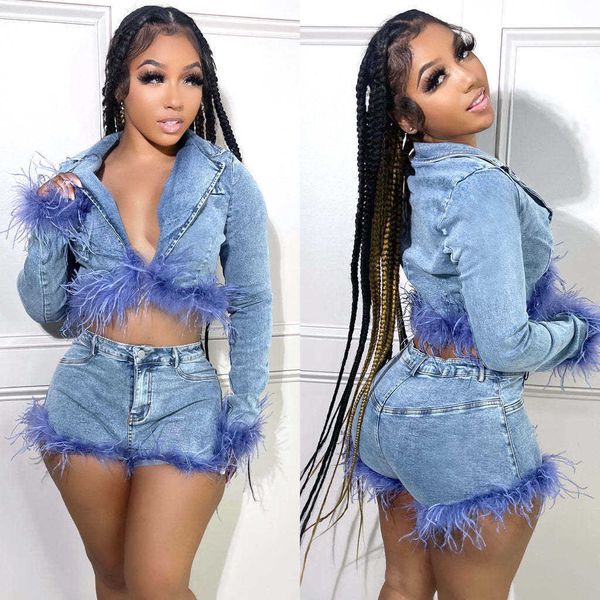 

women's jackets denim fur cropped jacket two piece pant sets 2022 winter fall women elegant luxury outfits denim short jean jackets 2 p, Black;brown