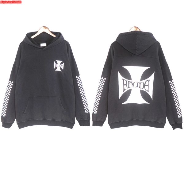 

n49z men's hoodie crewneck sweatshirt 2023 new fashion brand rhude checkerboard washed old american loose os and women's high stre, Black