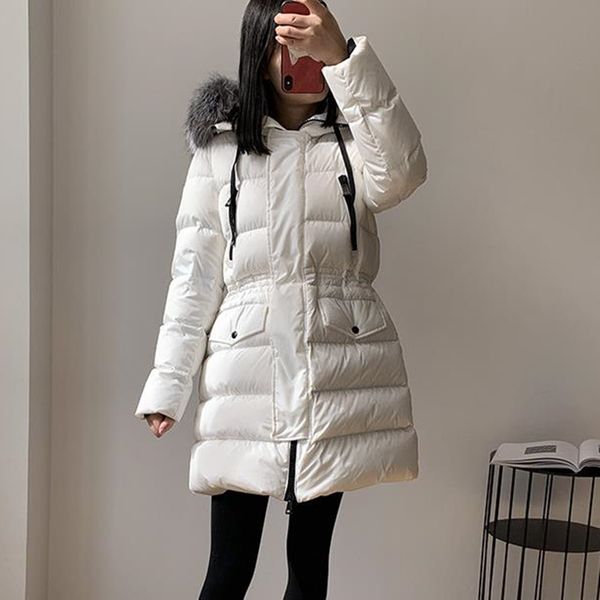 

fur womens collar down jacket mid-length slim puffer jackets epaulette decoration white duck down filling quality outerwear designersummer d, Black