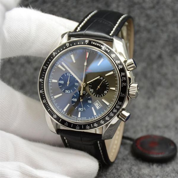 

44mm quartz chronograph date mens watches grey dial black leather band fixed bezel with a ring showing tachymeter markings339b, Slivery;brown