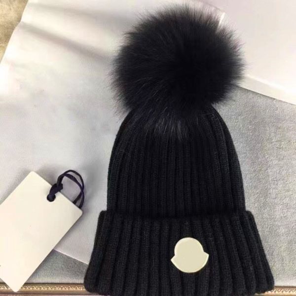 

designer winter knitted beanie woolen hat women chunky knit thick warm faux fur pom beanies hats female bonnet beanie caps 10 colors, Blue;gray