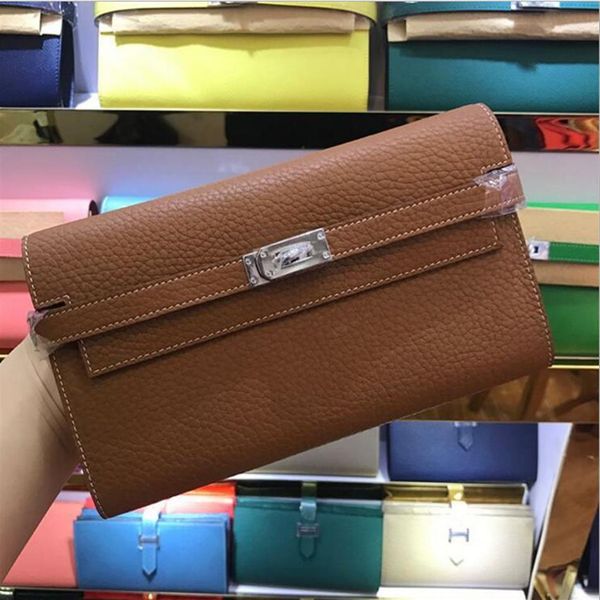 

designer- brand long wallets card holders purse passport bags with lock fashion cowhide genuine leather wallet 24 colors for lady 254s, Red;black