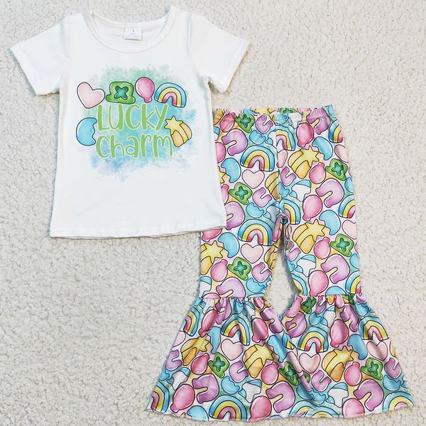 

rts toddler girls boutique clothing set st. patrick's day baby kids outfits lucky fashion baby girl clothes short sleeve bell pants set, White