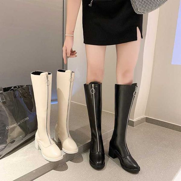

boots women's knee length autumn and winter new british style thick heel high barrel knight boots front zipper white, Black