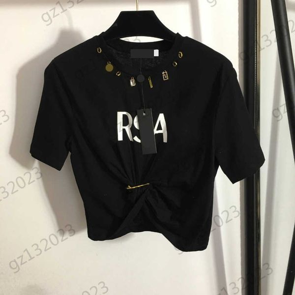 

womens clothes t-shirts metal logo decoration round neck short sleeves pullover contrasting color letter print pin design tees women clothi, White