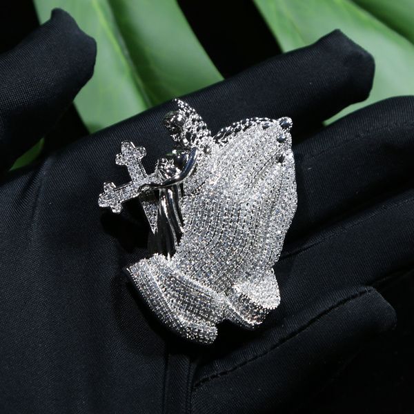 

iced out bling hand cross pendant paved full cz stone with rope chain necklace for women men punk styles hip hop jewelry wholesale, Silver