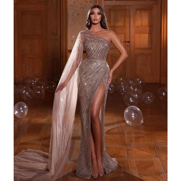 

sparkly mermaid prom dresses one shoulder capes v neck appliques sequins beaded evening dresses lace floor length side slit formal dresses p, Black