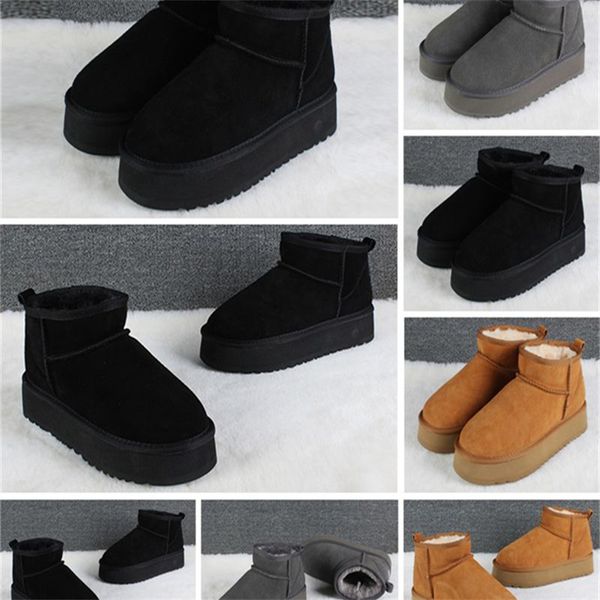 

australia boots ultra mini platform designer woman winter ankle australia snow thick bottom real leather warm fluffy booties with fur uggity, Black