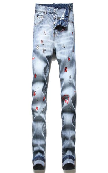 

fashion men printed slim fit jeans skinny straight leg washed mens frayed motocycle denim pants hip hop stretch biker men039s t5928828, Blue