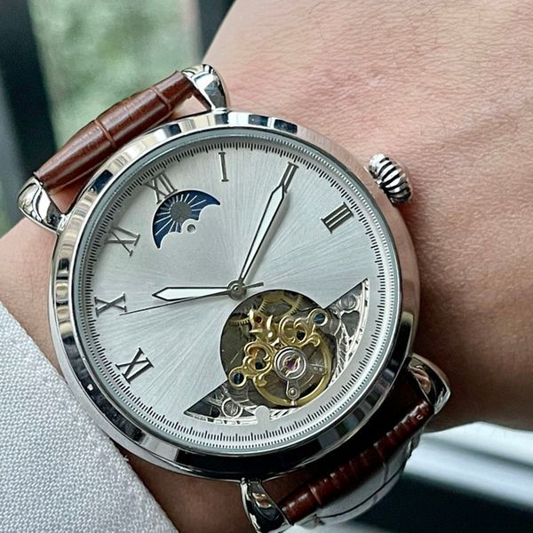 

watch mens watches mechanical fashion wristwatches business wristwatch leather strap montre de luxe 42mm hollow out watches, Slivery;brown