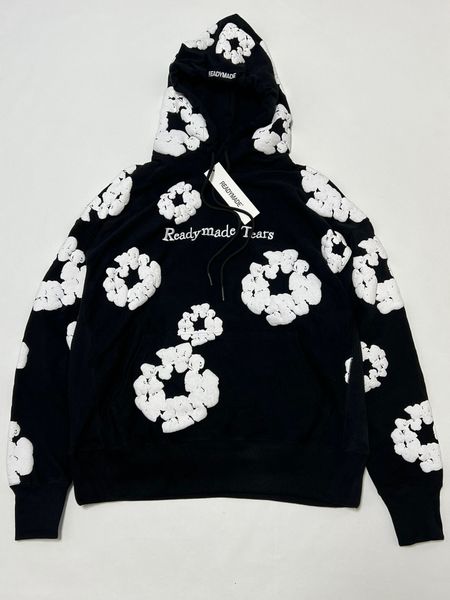 

men's hoodies sweatshirts falection mens readymade denim tears flower puff printed distressed hoodie sweatshirt men pullover, Black