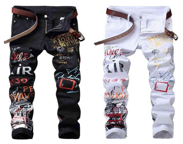 

high street fashion mens jeans night club black white color personal designer printed jeans men punk pants skinny hip hop jeans h24407715, Blue