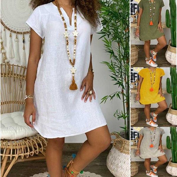 

summer loose dresses solid color short sleeve v-neck linen dress womens clothing, Black;gray