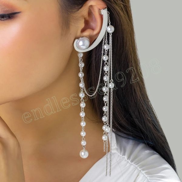 

exquisite imitation pearl long tassel clip earring for women no piercing fake cartilage ear cuff pendientes jewelry, Silver